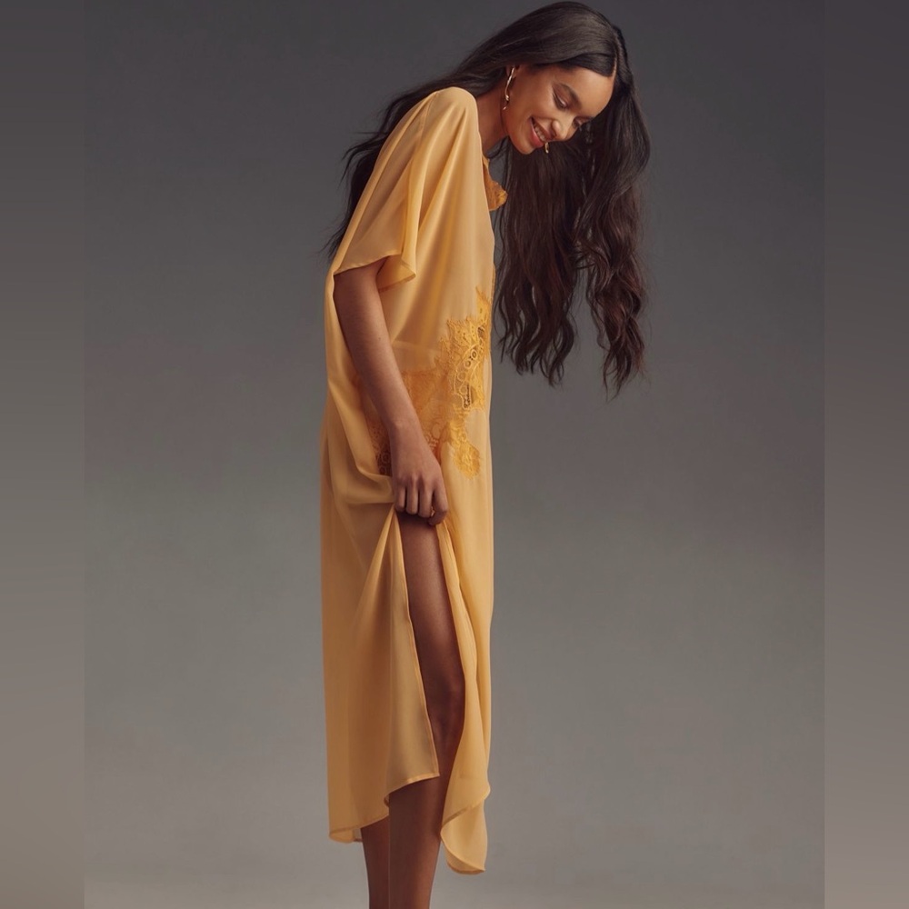 By Anthropologie Sheet Lace Kaftan Orange Peach One Size - Picture 3 of 11